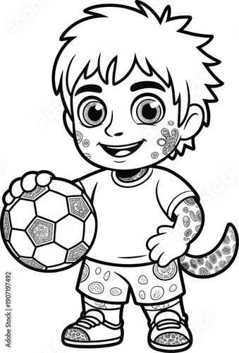 Cartoon boy holding soccer ball, outlined illustration for coloring, vector graphic