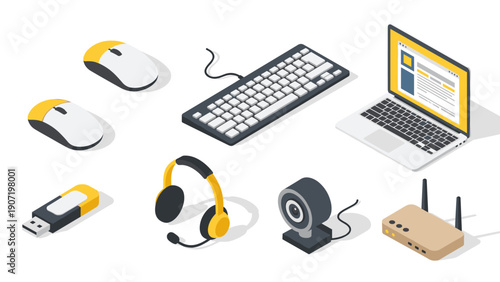 Isometric tech devices featuring laptop, keyboard, mouse, headset, and router