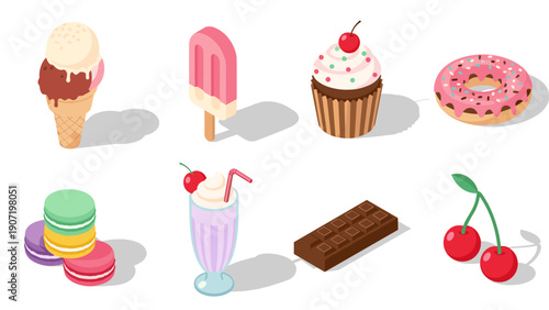 Assorted isometric desserts: ice cream, popsicle, cupcake, donut, macarons, milkshake, chocolate, cherries