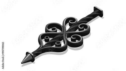 Ornate iron door hinge with intricate scroll design in isometric style