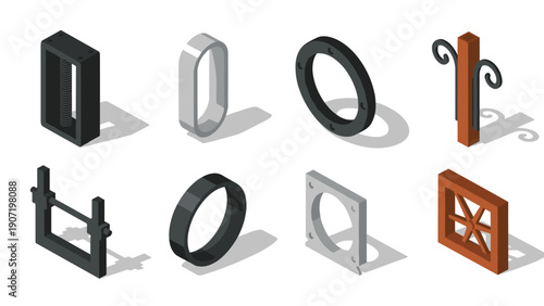 Isometric metal shapes: geometric industrial elements with shadow effects
