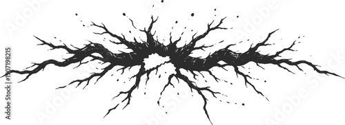 Abstract Black Ink Lightning Crack Illustration on White Background.