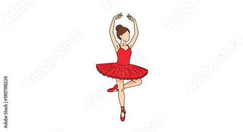 A stylized female ballet dancer wearing a bright red tutu and pointe shoes, balanced gracefully on one leg with arms raised.
