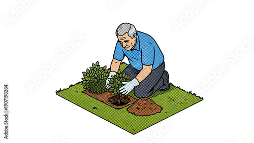 Gardening in pop art style: elderly man planting green bushes on grass