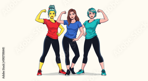 Three women flexing their muscles while wearing roller skates and helmets on a white background.