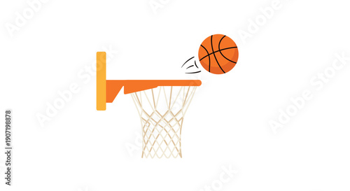 A simplified flat illustration captures a single orange basketball descending into an orange hoop with its white net against a clean white background.