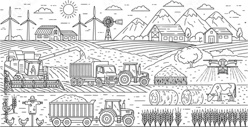 Modern farm machinery, tractors, and combines operate across a wide agricultural landscape featuring windmills and livestock.