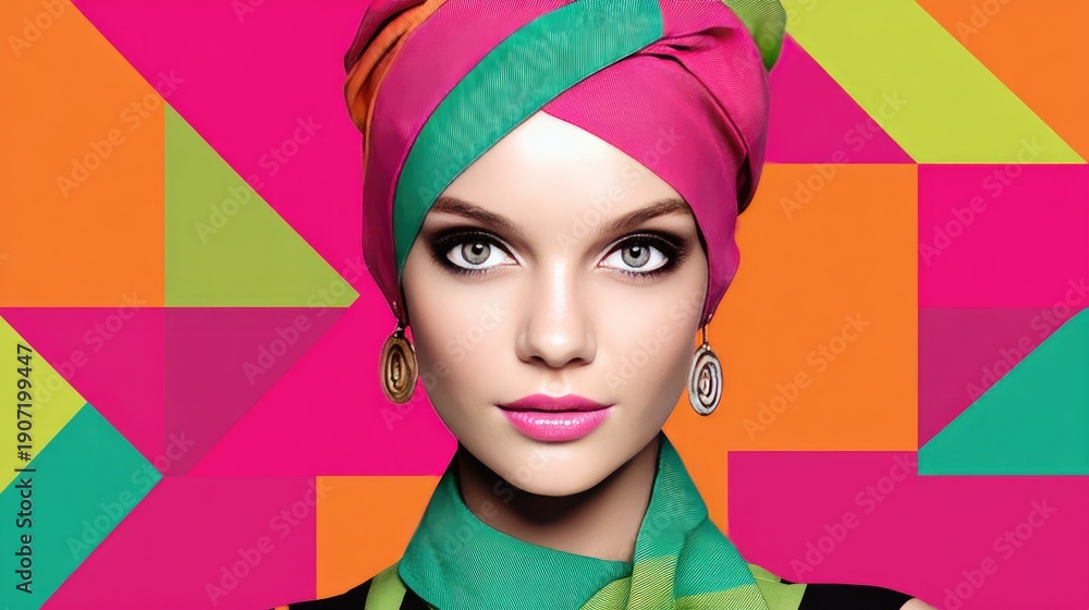 Obraz premium Vibrant Fashion Portrait: Woman with Colorful Headwrap Against Geometric Background