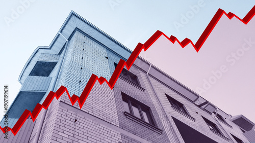 Red 3d graph on building background. Stock market data. chart. Real estate. Key Interest Rate Increases. Apartment. Industry crisis concept. Inflation. Rising consumer prices. Renting housing. CPI
