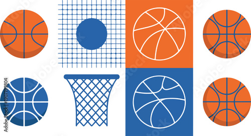 Basketball Flat Vector Icon Set Balls, Net, and Sport Elements
