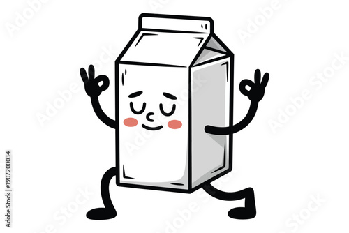 A cheerful milk carton character joyfully displays the okay hand gesture while seemingly running or dancing high-quality professional detailed modern.