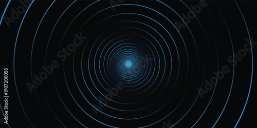 Abstract Swirling Blue Light Tunnel with Concentric Circles.