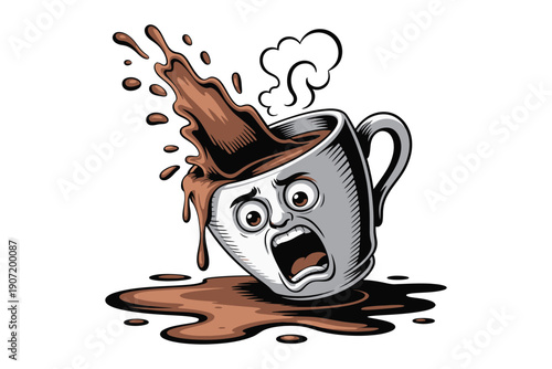 A cartoon mug with a surprised expression is overflowing with hot chocolate or coffee creating a chaotic splash high-quality professional.
