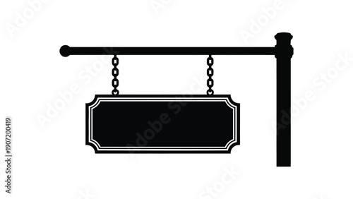"Black hanging signboard icon with decorative corners and chains suspended from pole symbolizing storefront, pub or business signage design"