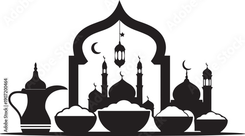 Black and white of mosque architecture with traditional coffee set and bowls minarets domes crescent