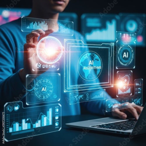Man interacting with futuristic ai interface on laptop