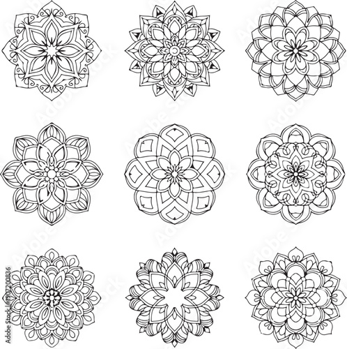 Set of nine unique circular geometric ornaments with intricate hand drawn details on white.