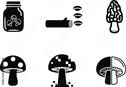 Various black mushroom icons and a jar with mushrooms