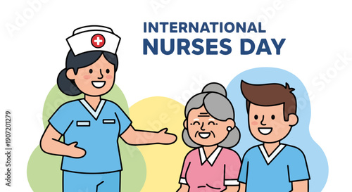 Illustration for International Nurses Day, showing kind nurse, elderly woman, young man. International Nurses Day graphic highlights dedicated healthcare, patient care.