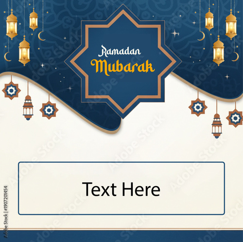 Elegant graphic template featuring a deep blue night sky motif for Ramadan Mubarak greetings adorned with intricate hanging lanterns and space for custom text placement during holy celebrations.