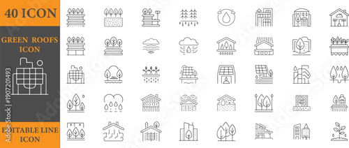 Collection of forty green roofs building icons in editable line style