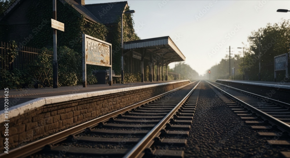 Fototapeta premium Train Station Platform with Track Leading into Undefined Horizon