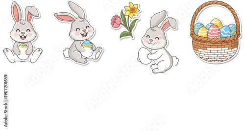 Adorable set of cute cartoon easter bunny stickers holding decorated eggs alongside colorful spring flower bouquets and a woven basket.