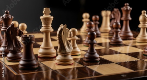 Classic Chess Game Close-Up with Wooden Pieces on Board