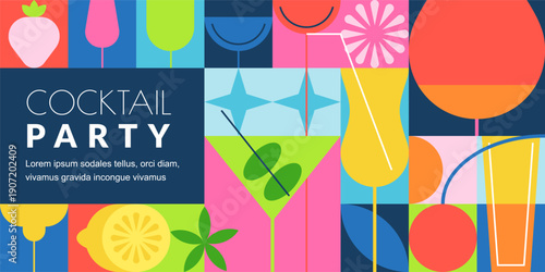 Night party banner, flyer, poster. Geometric background with multicolor cocktail glasses. Vector color block flat design
