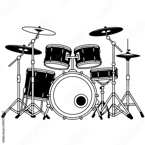 A classic black and white illustration of a five-piece drum set with cymbals and stands
