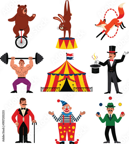 Circus performers set with animals clown strongman magician ringmaster and juggler
