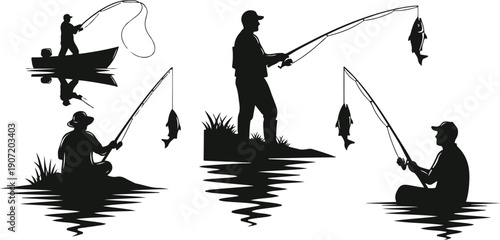 Set of silhouette fisherman, people fishing in boat, river, and shore with rod, fishing man boat silhouette vector illustration