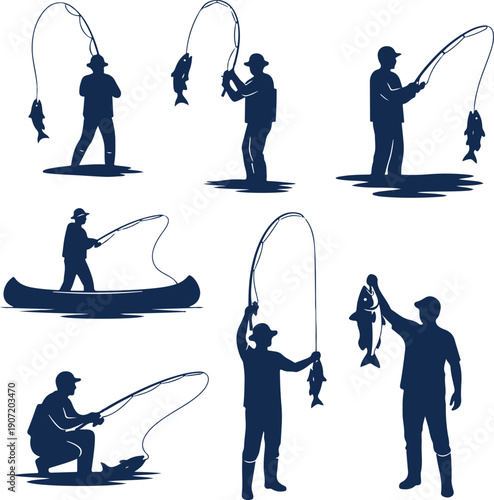 Fishing vector silhouette, spinning fisherman silhouette vector, various positions and poses of men fishing vector illustration of sport hobby on white background