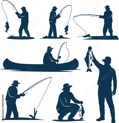 Fishing vector silhouette, spinning fisherman silhouette vector, various positions and poses of men fishing vector illustration of sport hobby on white background