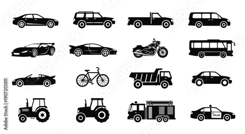 Black silhouette icons depicting various transportation vehicles and modes