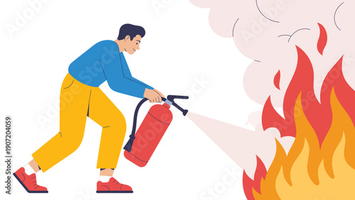 man using fire extinguisher to put out flames flat vector illustration emergency firefighting safety concept isolated