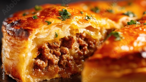 Close-up of a meat pie with a flaky, golden crust and visible filling