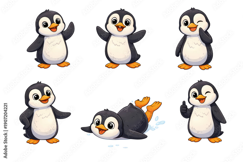 Obraz premium Cartoon penguins in various playful poses against a black background