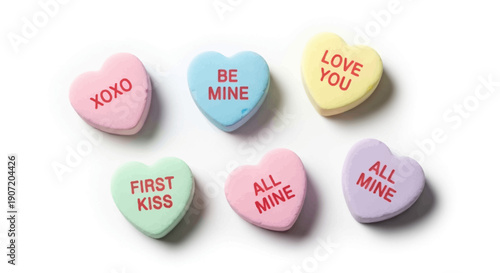 Colorful heart-shaped candies with love messages on Valentine's Day