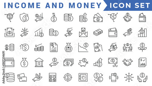 Income line icon set. Profit, earning, money, tax, salary, wage, pay, accounting - stock vector.