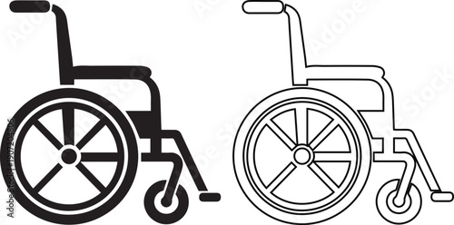 Empty wheelchair icon and medical equipment vector set. Disabled mobility chair symbol. Black silhouette and outline design isolated for hospital or handicap sign.