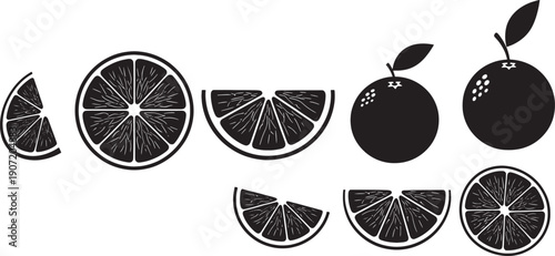 Black and white of whole oranges and orange slices citrus fruit