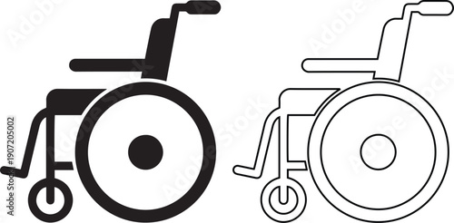 Wheelchair icon vector set featuring solid black silhouette and linear outline symbol design for disability, handicap accessibility signs, and medical mobility equipment illustrations.