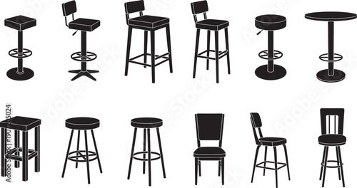 Collection of black silhouette bar stools and a table on a white background counter stool seating