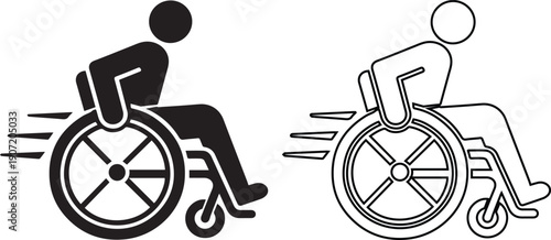 Fast wheelchair user icon and disabled racing symbol vector set. Handicap person moving with speed lines. Black silhouette and outline design isolated for sports or rapid mobility sign.
