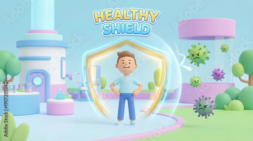 3D Cartoon Boy Standing Inside Healthy Shield Protected From Green Viruses