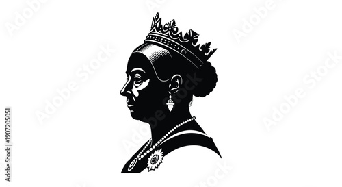 Queen Victoria Silhouette in Profile with Crown and Jewelry