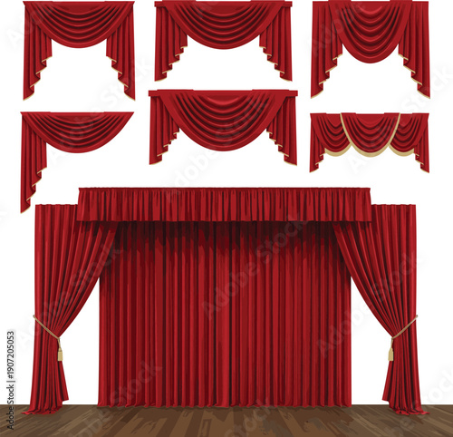 Red theater stage curtains set with drapes valances and classic performance backdrop