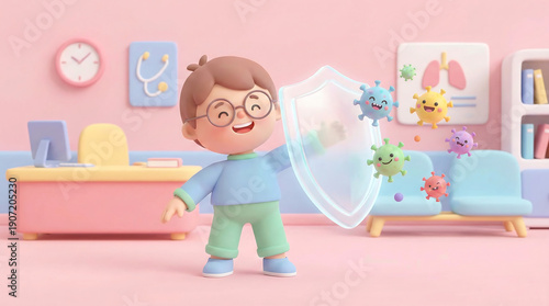 Cute Child Holding Shield Protecting Against Virus at Hospital