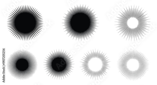 Abstract circular designs with radiating lines depicting varying levels of density